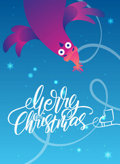 Fototapeta na wymiar Bright Xmas poster with funny pigeons. Handwritten lettering Merry Christmas. Funny characters doves in skates. Pigeons are skating on the ice rink. Holiday vector illustration.