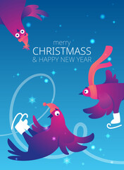 Bright Xmas poster with funny pigeons. Text 