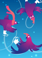 Bright Winter vertical poster with funny pigeons. Christmas Festive banner. Funny characters doves in skates. Pigeons are skating on the ice rink. Holiday vector illustration.