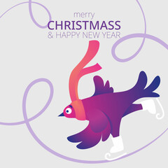 Bright square Xmas banner with funny pigeons. Text 