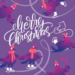 Bright square Xmas banner with funny pigeons. Handwritten lettering Merry Christmas. Funny characters doves in skates. Pigeons are skating on the ice rink. Holiday vector illustration.