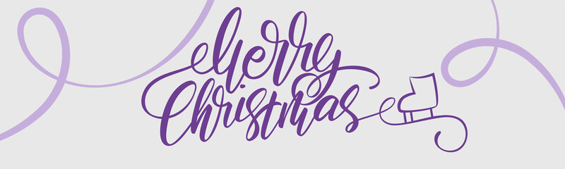 Bright Xmas horizontal web banner. Handwritten lettering Merry Christmas. Skate tracks on an ice rink. Holiday vector illustration.