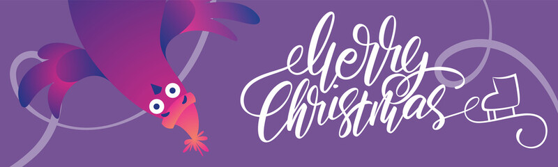 Bright Xmas web banner with funny pigeons. Handwritten lettering Merry Christmas. Funny characters doves in skates. Pigeons are skating on the ice rink. Holiday vector illustration.