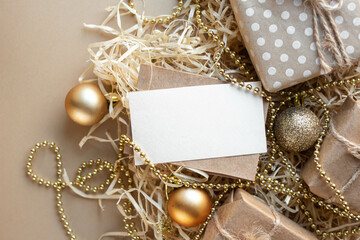 greeting card mockup eco Christmas mood. Gifts and presents with bow. New Year