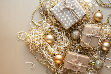 eco Christmas mood. Gifts and presents with bow. New Year