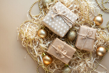 eco Christmas mood. Gifts and presents with bow. New Year