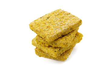 Frozen breaded fish fillets isolated on white