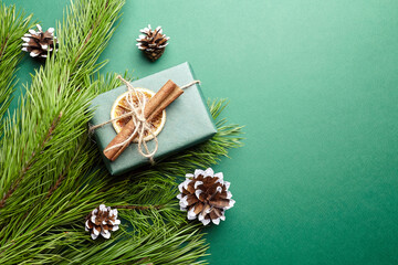 Christmas gift box and pine tree branches with decoration on green