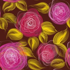 red rose flowers, linear pattern seamless pattern on dark brown background