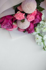 bouquet of roses, Matiola white, chrysanthemum momoko