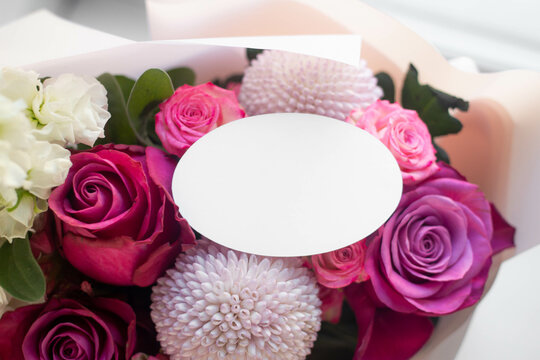 greeting card mockup. bouquet of roses, Matiola white, chrysanthemum momoko