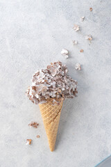 A waffle cone for ice cream lies in the background. On top of the horn, hydrangea flowers are like a cap on top.