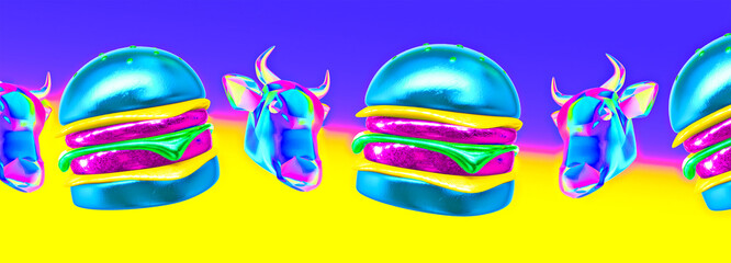 Minimalistic stylized collage banner art. 3d render stylish neon burger and bull head. Fast food lover concept