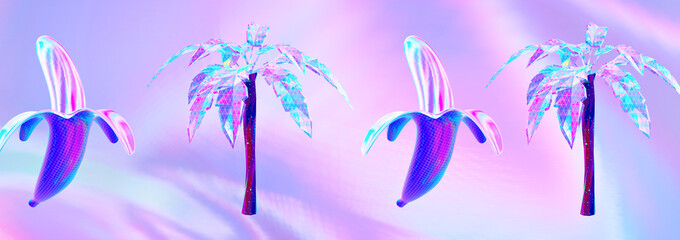 Fototapeta na wymiar Minimalistic stylized collage art. 3d render creative bananas and palm holography space.