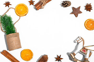 layout of the new year, Christmas on white background. Christmas toys, cinnamon, star anise. flatlay, top view