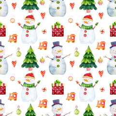 Christmas watercolor seamless pattern. Winter holidays traditional design. Snowman and Christmas tree illustrations, gift boxes, toys isolated