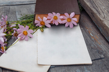 old retro book with  bouquet of pink wildflowers of cosmea on wooden background with paper pages with empty space for text, copy space, close-up, cover design concepts and greetings and invitations