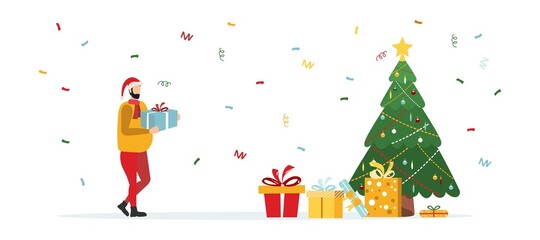 People decorate the Christmas tree. Happy family near the Christmas tree and gifts. Merry christmas. Vector illustration.