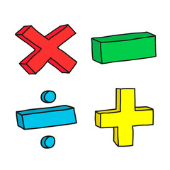 Set of signs for school multiplication, subtraction, division, addition. Figure  doodle by hand in yellow, red, green and blue.