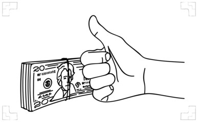 Hand shows thumbs up against background of stack of money. Business concept, wealthy, cash payment, trading or bribe. Line art business-finance illustration. Sketch, vector