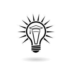 Light bulb and graduation cap icon with shadow isolated on white background