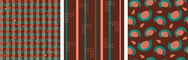 Set of Vector seamless pattern with stripes, polka dots, checkered, square, lines in terra cotta orange, emerald green color on dark brown background. Trendy color geometry. Earth palette. Cute print.