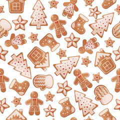 Materiał do szycia Sweet Christmas seamless pattern with the image of gingerbread cakes of various shapes. New Year gingerbread pattern for the print. Vector illustration
