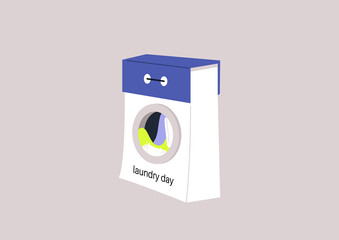Laundry day, a tear-off calendar with a washing machine on its page, a daily routine concept