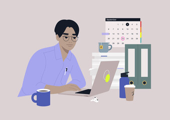 Fototapeta premium A young male Asian character focused on their work, a workplace scene, daily routine