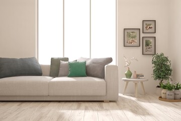 Stylish room in white color with sofa. Scandinavian interior design. 3D illustration