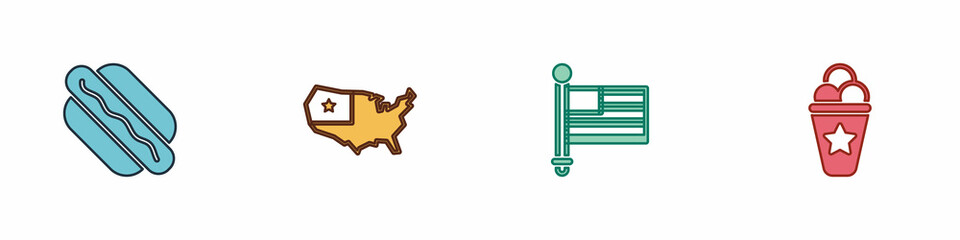 Set Hotdog sandwich, USA map, American flag and Ice cream in waffle cone icon. Vector