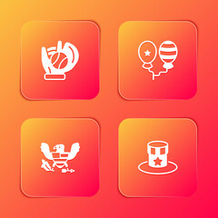 Set Baseball glove with ball, Balloons, Eagle and Patriotic American top hat icon. Vector