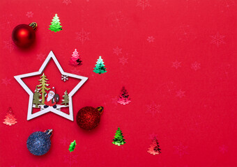 Festive picture, banner, postcard for Christmas and New Year with Christmas decorations on a bright background.
