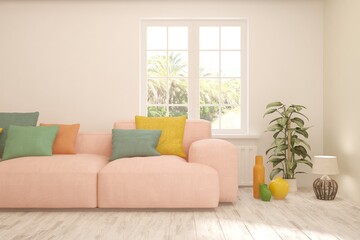 Fototapeta na wymiar Minimalist living room in white color with sofa and summer landscape in window. Scandinavian interior design. 3D illustration