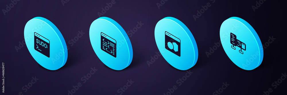 Poster set isometric computer monitor screen, software, and code terminal icon. vector