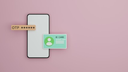 Smartphone with OTP SMS message alert and ID card information for online service registration 3D rendering illustration
