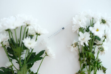 Two branches of white chrysanthemums in middle of syringe with needle