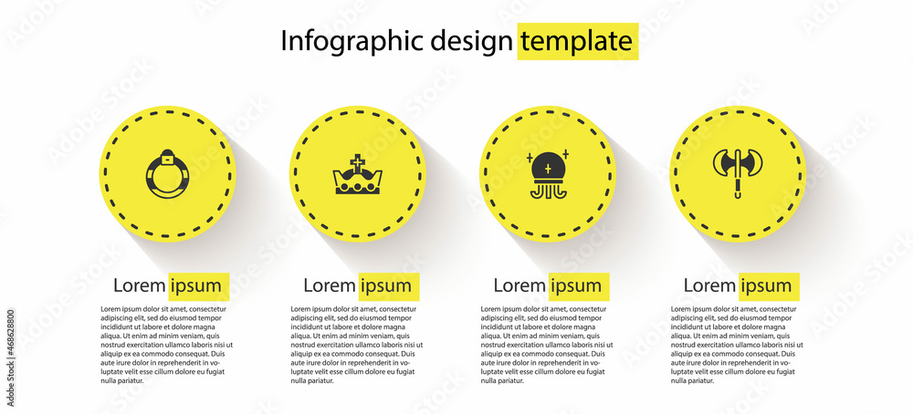 Poster set magic stone ring, king crown, ball and medieval poleaxe. business infographic template. vector