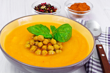 Spicy Pumpkin, Carrot Soup with Chickpeas and Curry