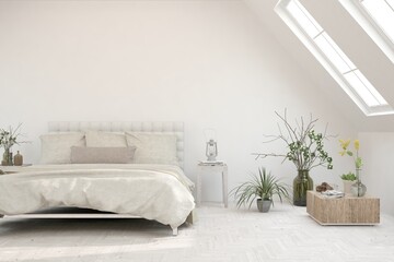 Fototapeta na wymiar Soft color bedroom interior. Scandinavian design. 3D illustration