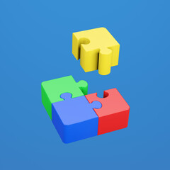 Jigsaw puzzle in action. Symbol of team work, strategy, solution, connection. Business concept. 3D render illustration. Clipping path of each element included.