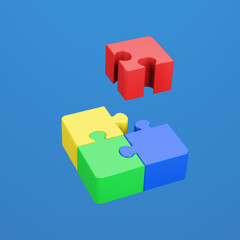 Jigsaw puzzle in action. Symbol of team work, strategy, solution, connection. Business concept. 3D render illustration. Clipping path of each element included.