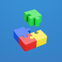 Jigsaw puzzle in action. Symbol of team work, strategy, solution, connection. Business concept. 3D render illustration. Clipping path of each element included.