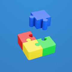 Jigsaw puzzle in action. Symbol of team work, strategy, solution, connection. Business concept. 3D render illustration. Clipping path of each element included.