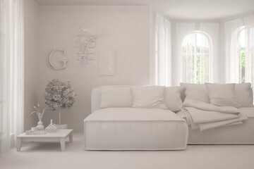 Mock up of stylish room in white color with sofa. Scandinavian interior design. 3D illustration