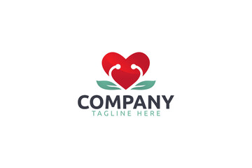 medical care logo with a combination of a heart, stethoscope and leaf as the icon.