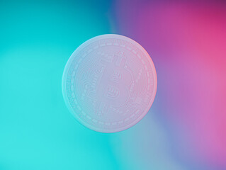 Bitcoin flying in the air on iridescent neon vaporwave background. Creative cryptocurrency or blockchain concept. Financial market, digital gold money, IT technology and stock business banner.