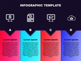 Set line Monitor with dollar, Clinical record, graduation cap and Cloud download. Business infographic template. Vector