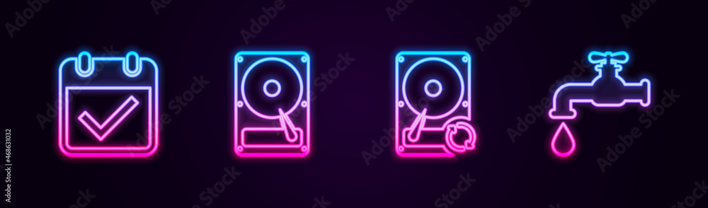 Poster set line calendar with check mark, hard disk drive hdd, sync refresh and water tap. glowing neon ico