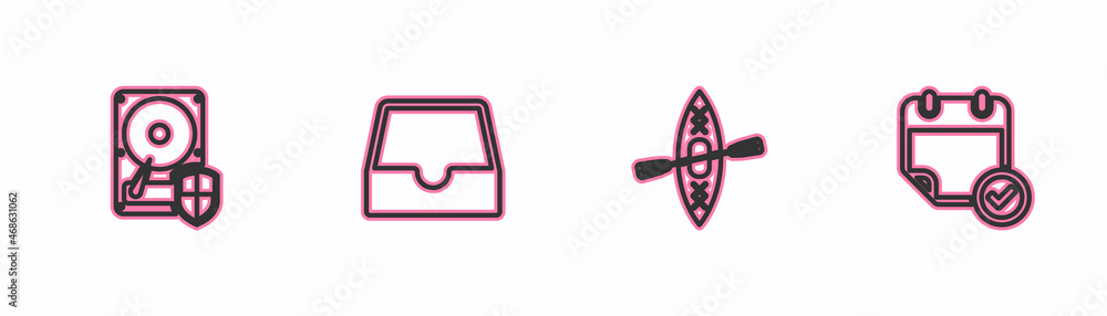 Poster set line hard disk drive hdd protection, kayak and paddle, social media inbox and calendar with chec
